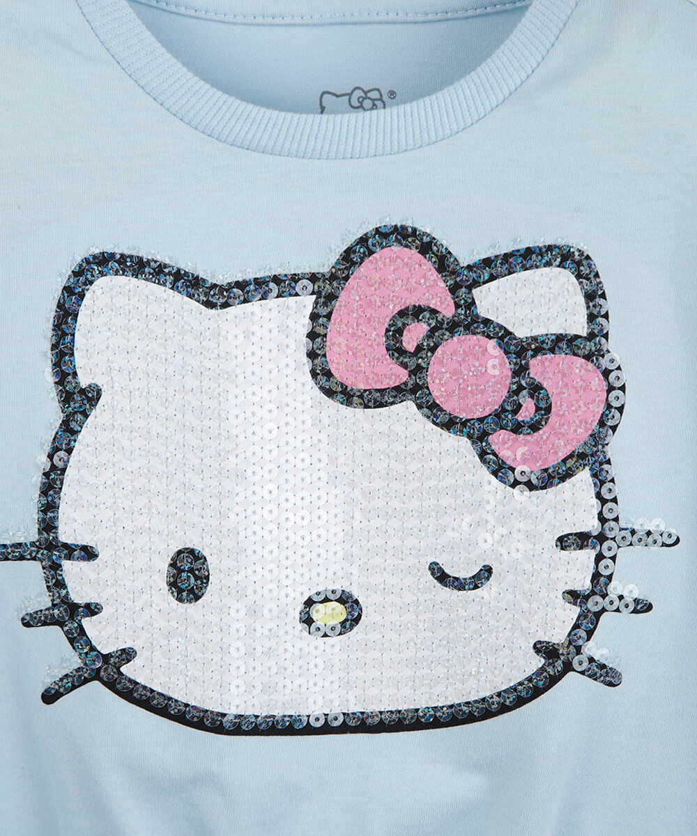 blusa cropped infantil de algodão manga longa hello kitty com paetê azul