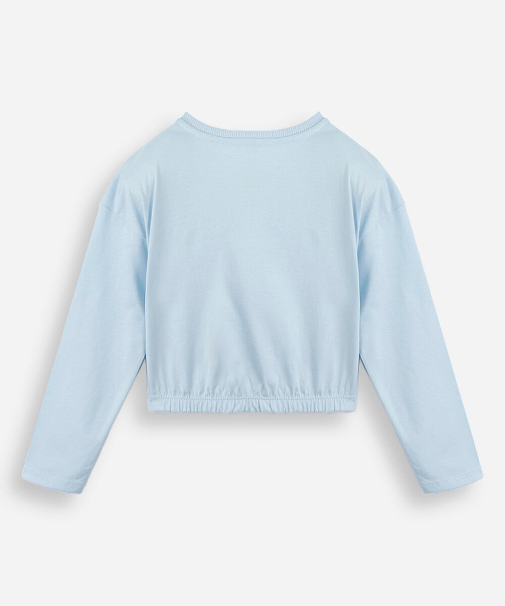 blusa cropped infantil de algodão manga longa hello kitty com paetê azul