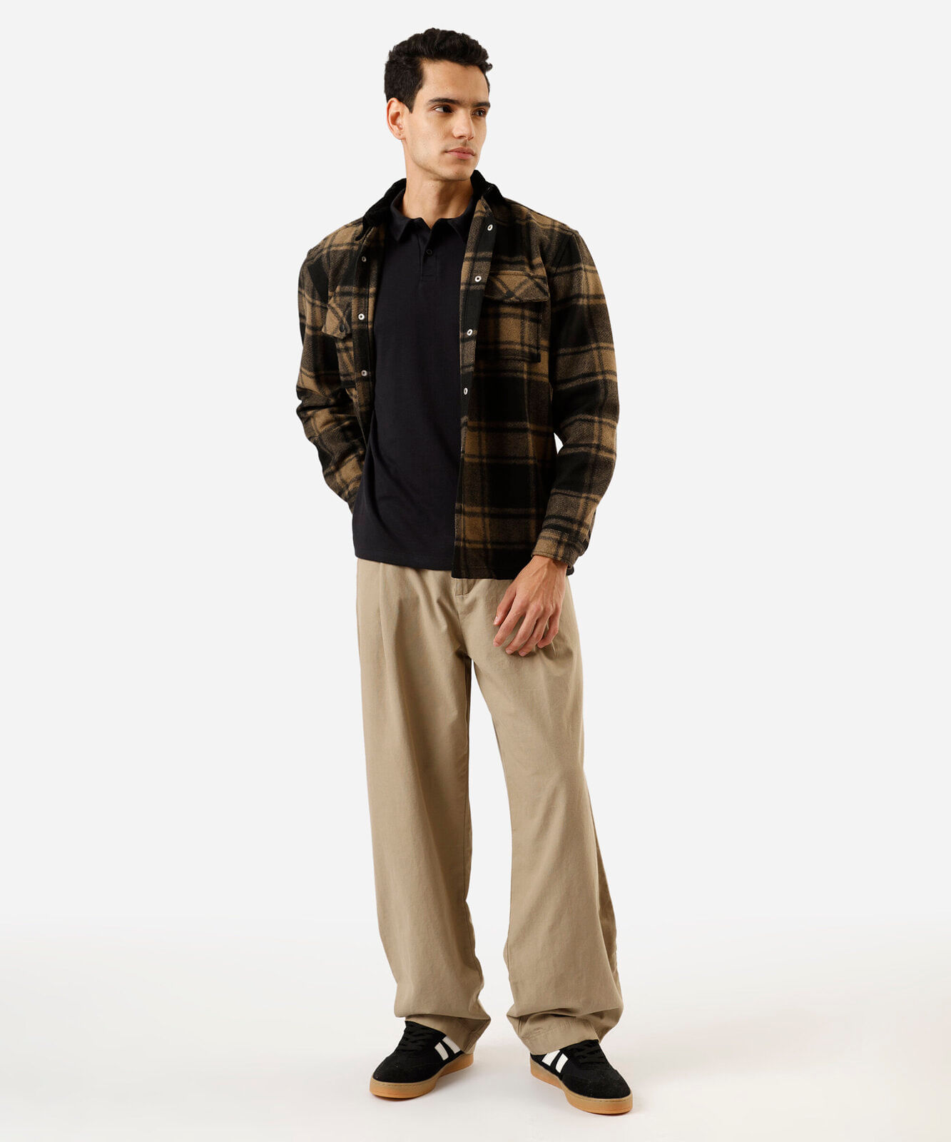 camisa overshirt masculina de fleece gola cotelê manga longa xadrez marrom