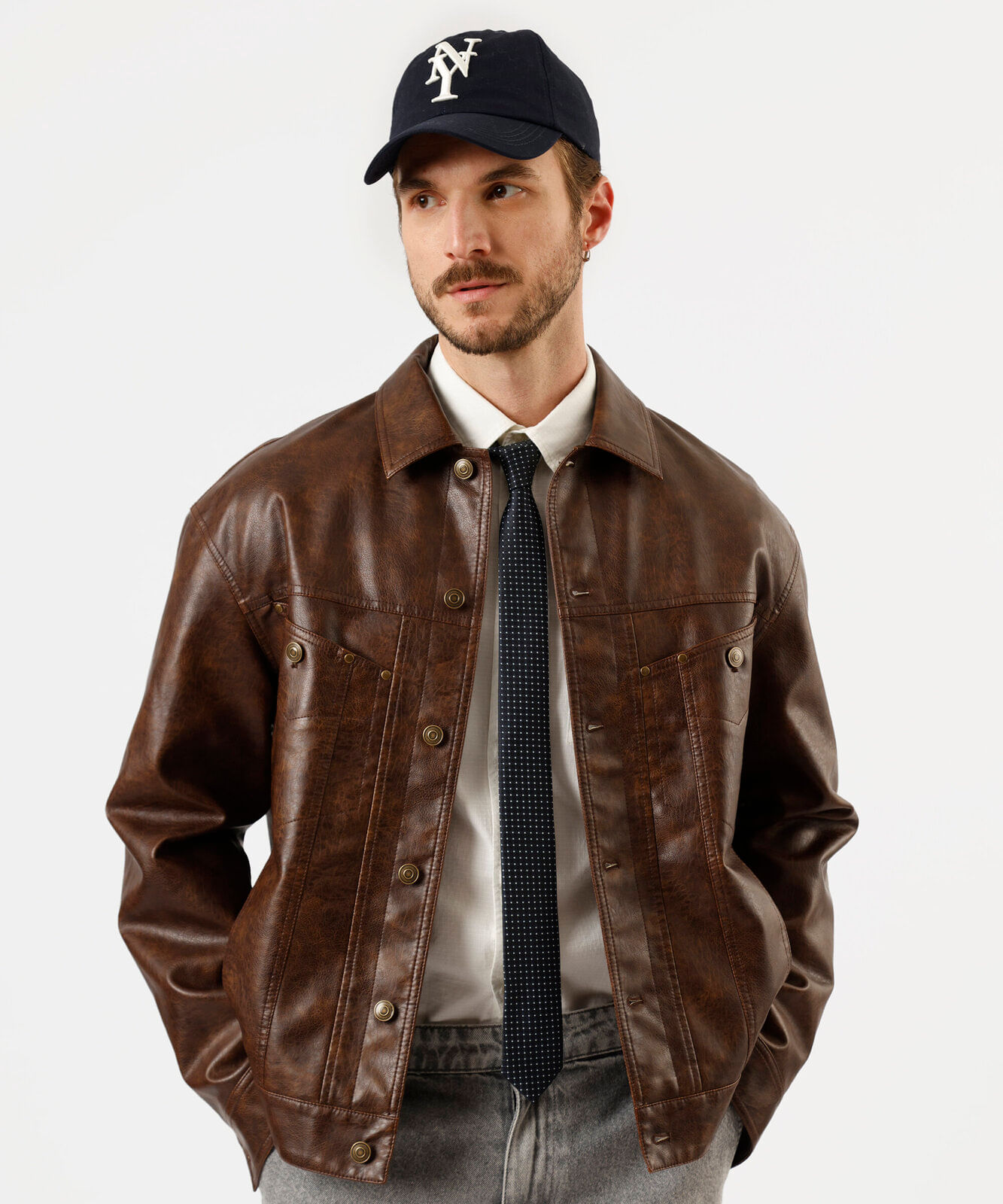 jaqueta masculina de pu estonada marrom