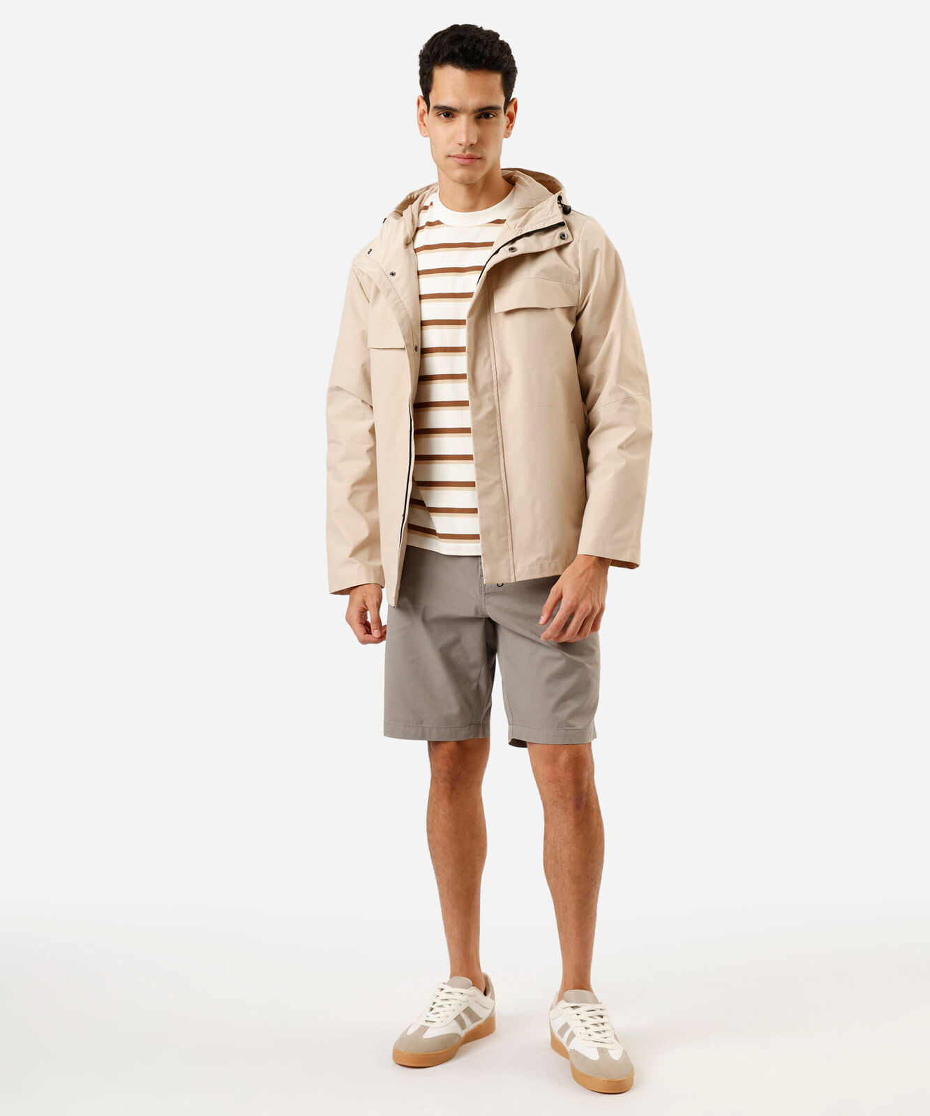 parka alongada masculina com capuz  bege
