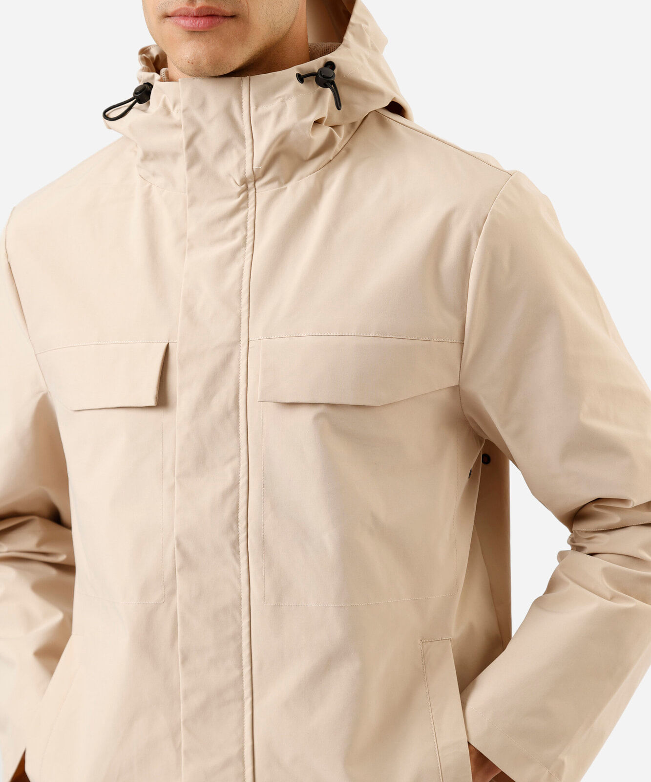 parka alongada masculina com capuz  bege