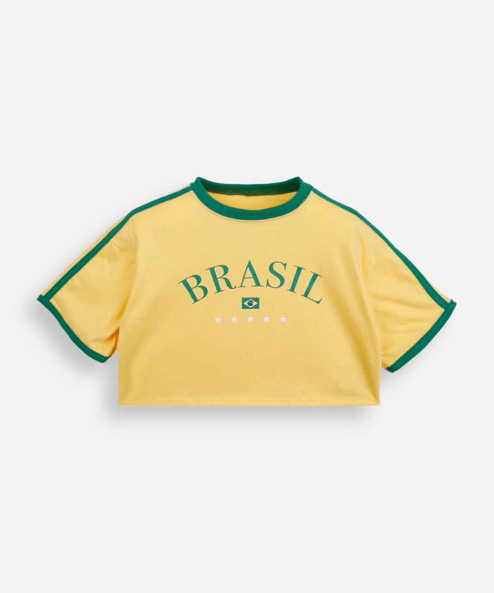 blusa baby look cropped juvenil de algodão manga curta brasil amarela