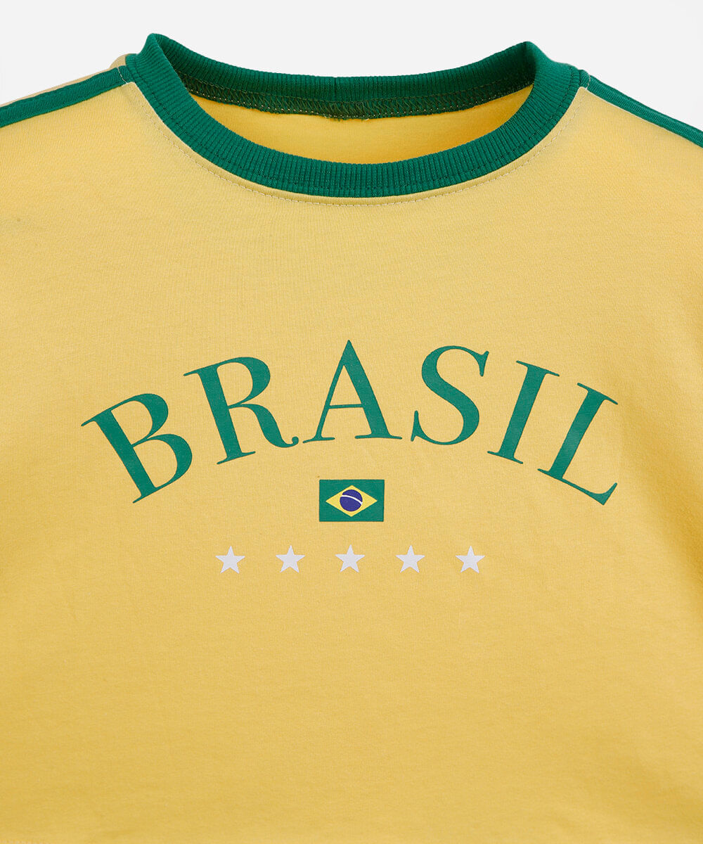 blusa baby look cropped juvenil de algodão manga curta brasil amarela