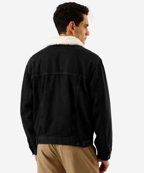 jaqueta masculina jeans com gola em sherpa preta