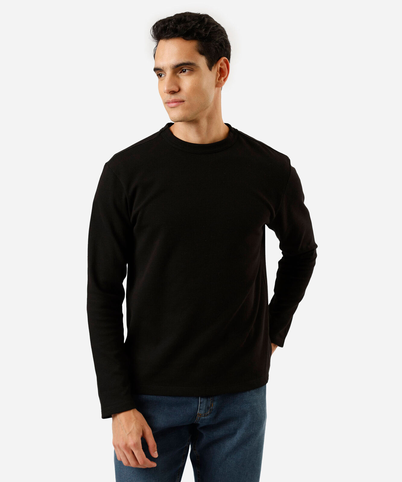 camiseta masculina  com algodão manga longa texturizada preta