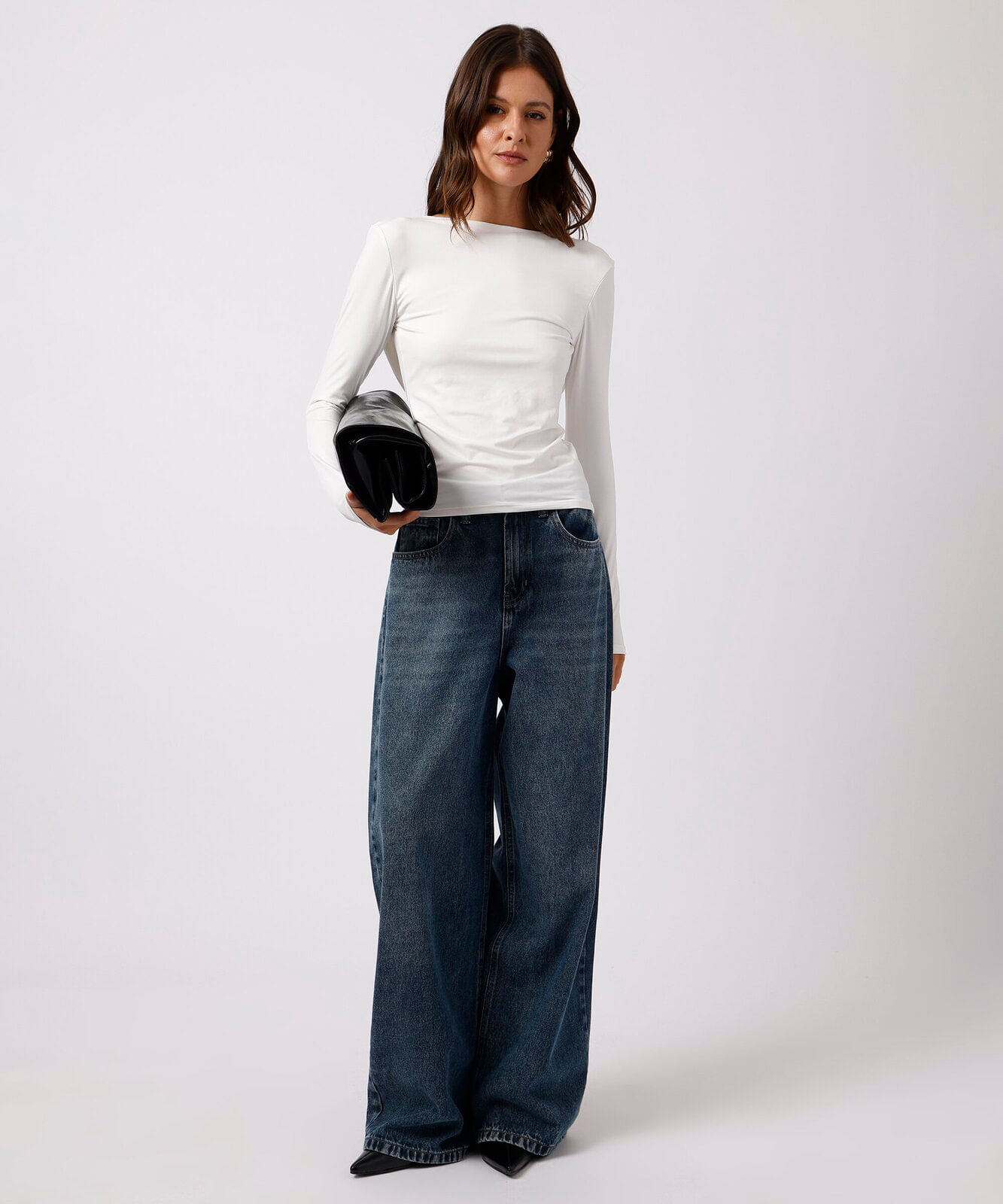 blusa feminina decote degagê costas manga longa mindset off white