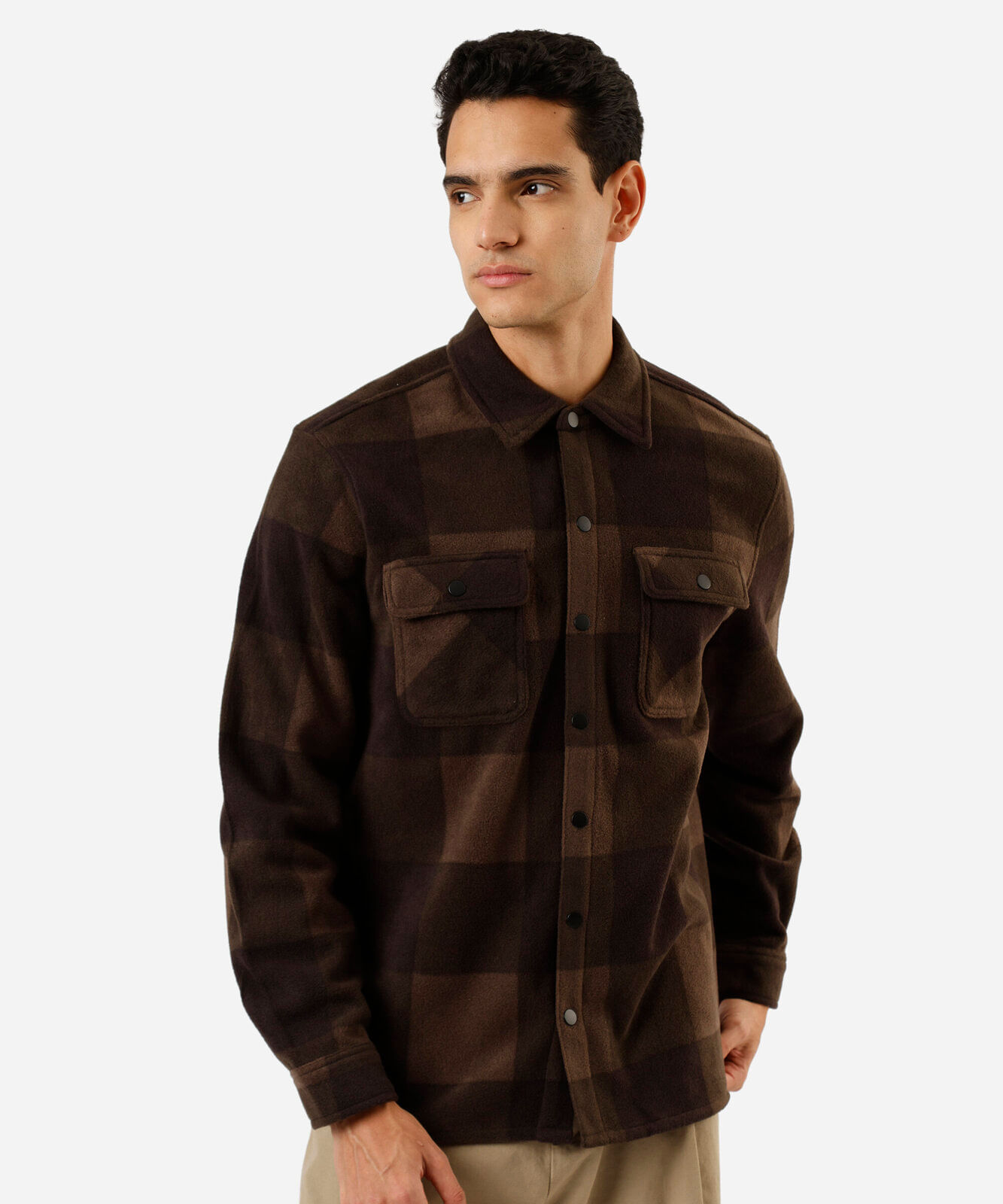 camisa overshirt masculina de fleece manga longa xadrez marrom
