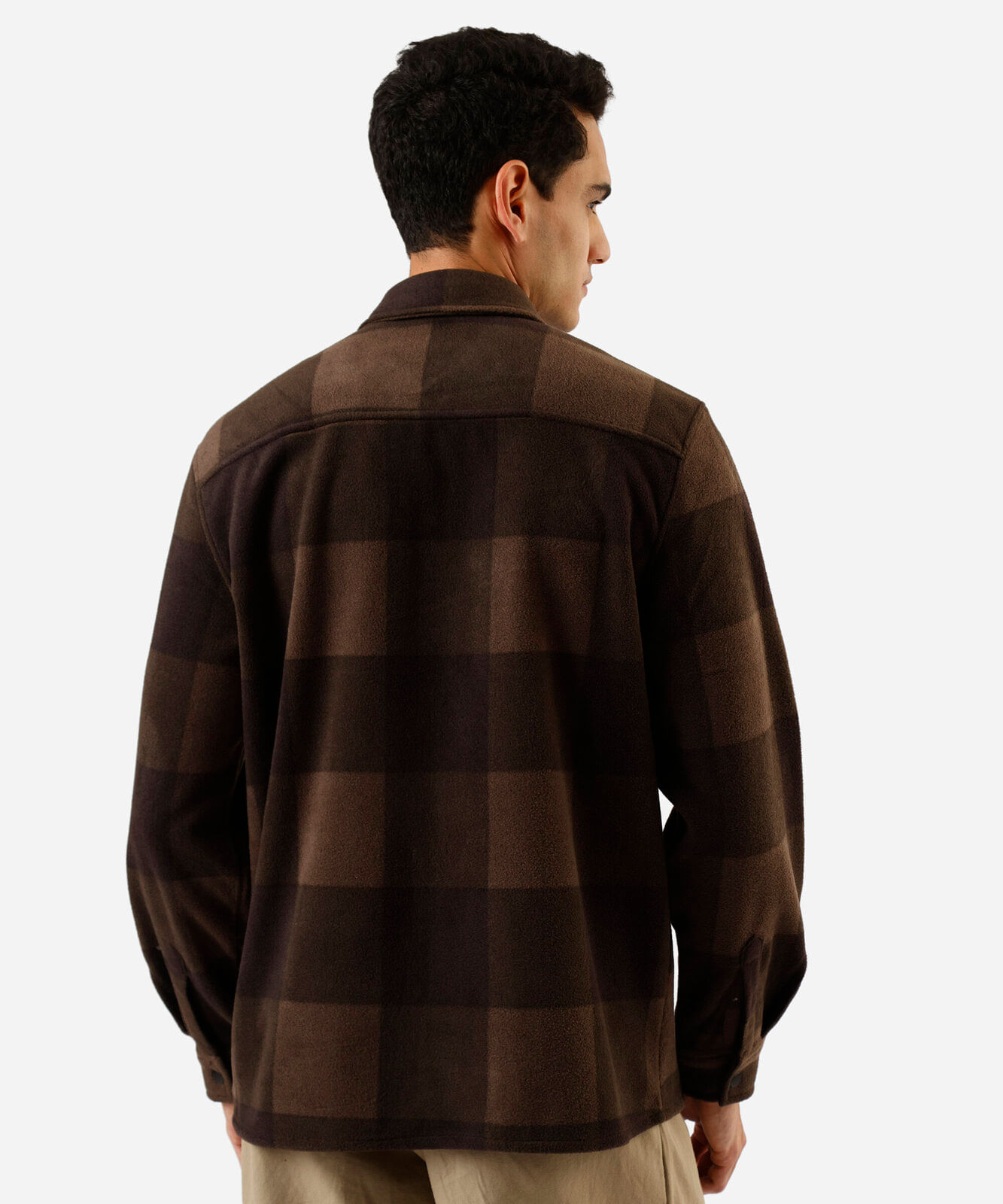 camisa overshirt masculina de fleece manga longa xadrez marrom
