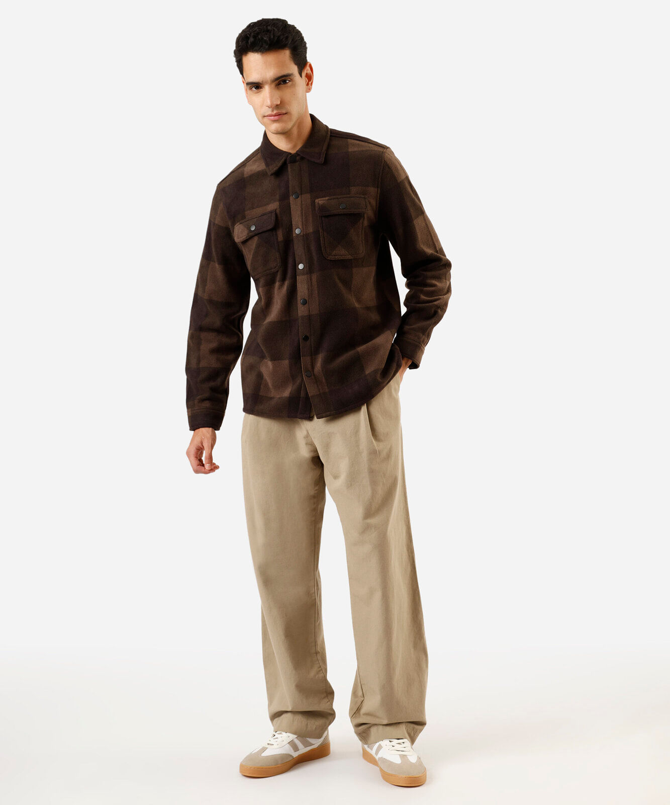 camisa overshirt masculina de fleece manga longa xadrez marrom