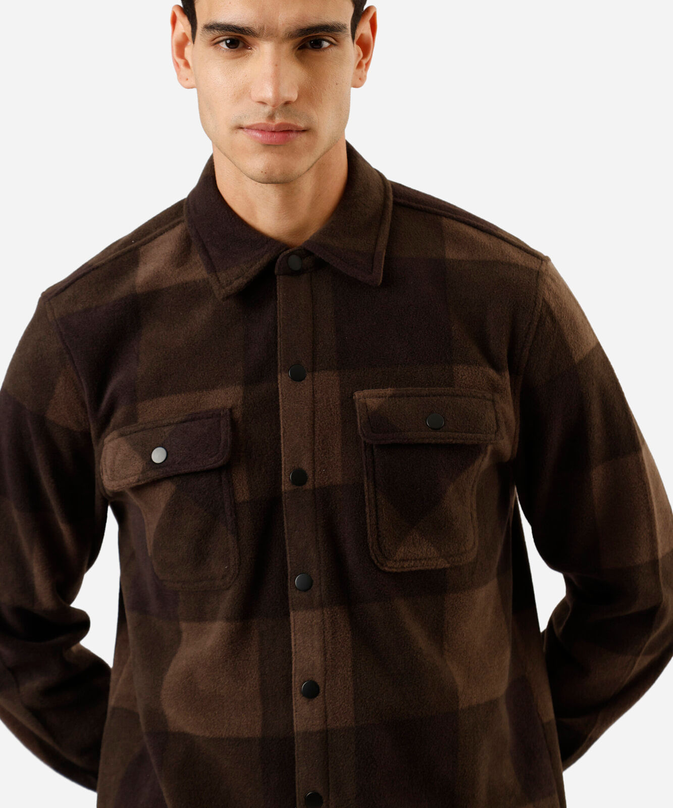 camisa overshirt masculina de fleece manga longa xadrez marrom