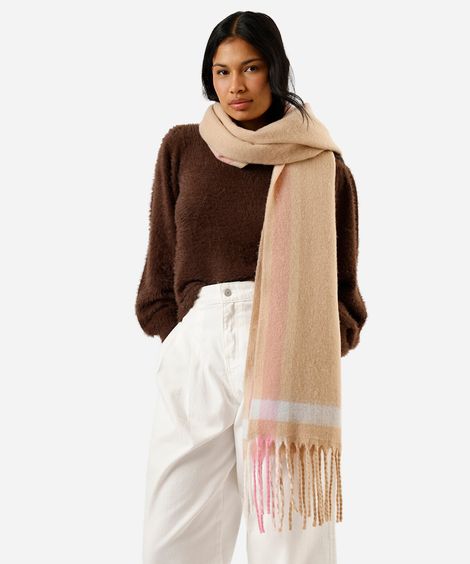 cachecol de tricot xadrez com franjas bege