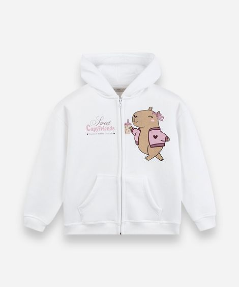 jaqueta infantil de moletom com capuz capivara off white