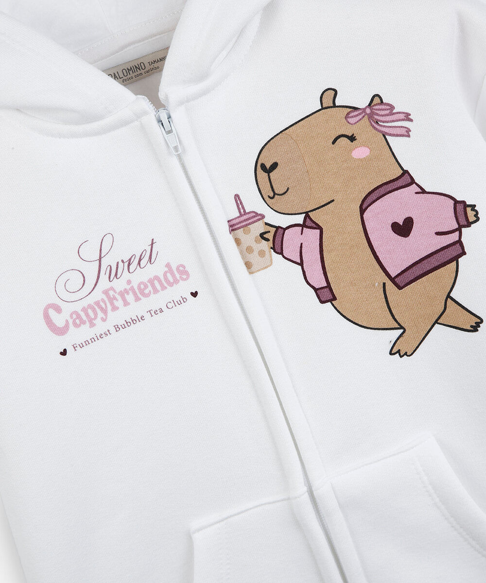 jaqueta infantil de moletom com capuz capivara off white