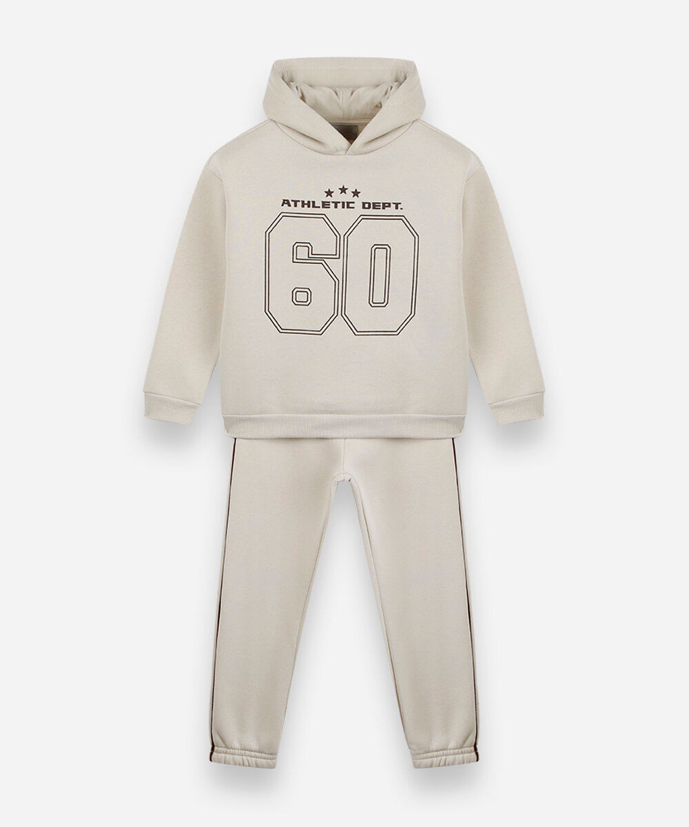 conjunto infantil de moletom com capuz estampado bege