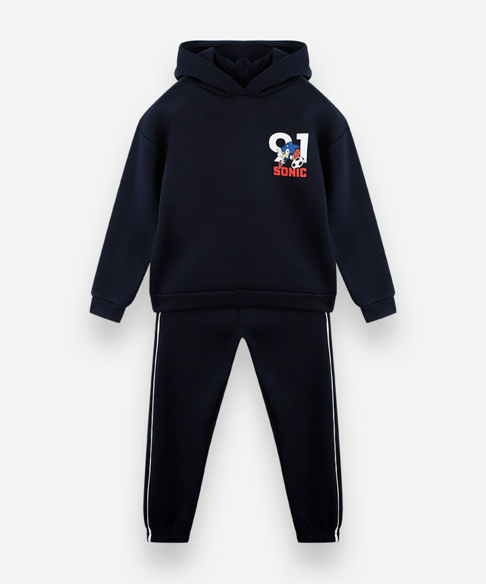conjunto longo infantil de moletom com capuz sonic azul