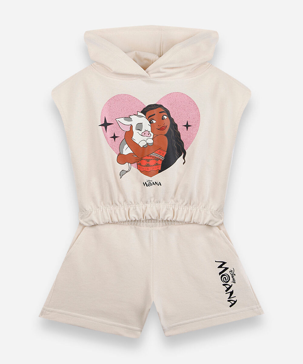 conjunto curto infantil de algodão com capuz moana bege