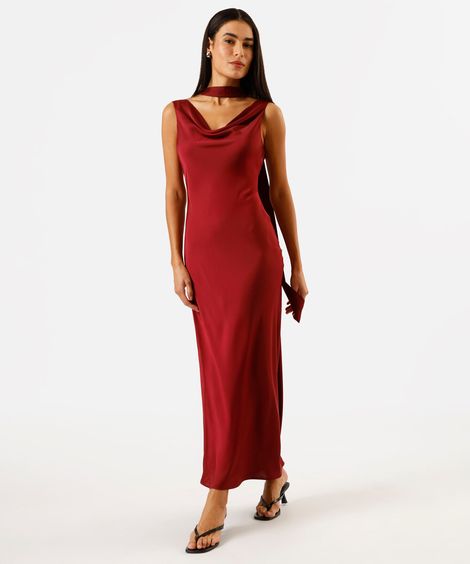 vestido longo feminino acetinado decote degadê vinho