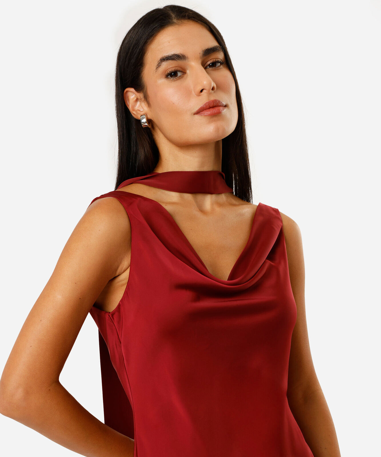 vestido longo feminino acetinado decote degadê vinho