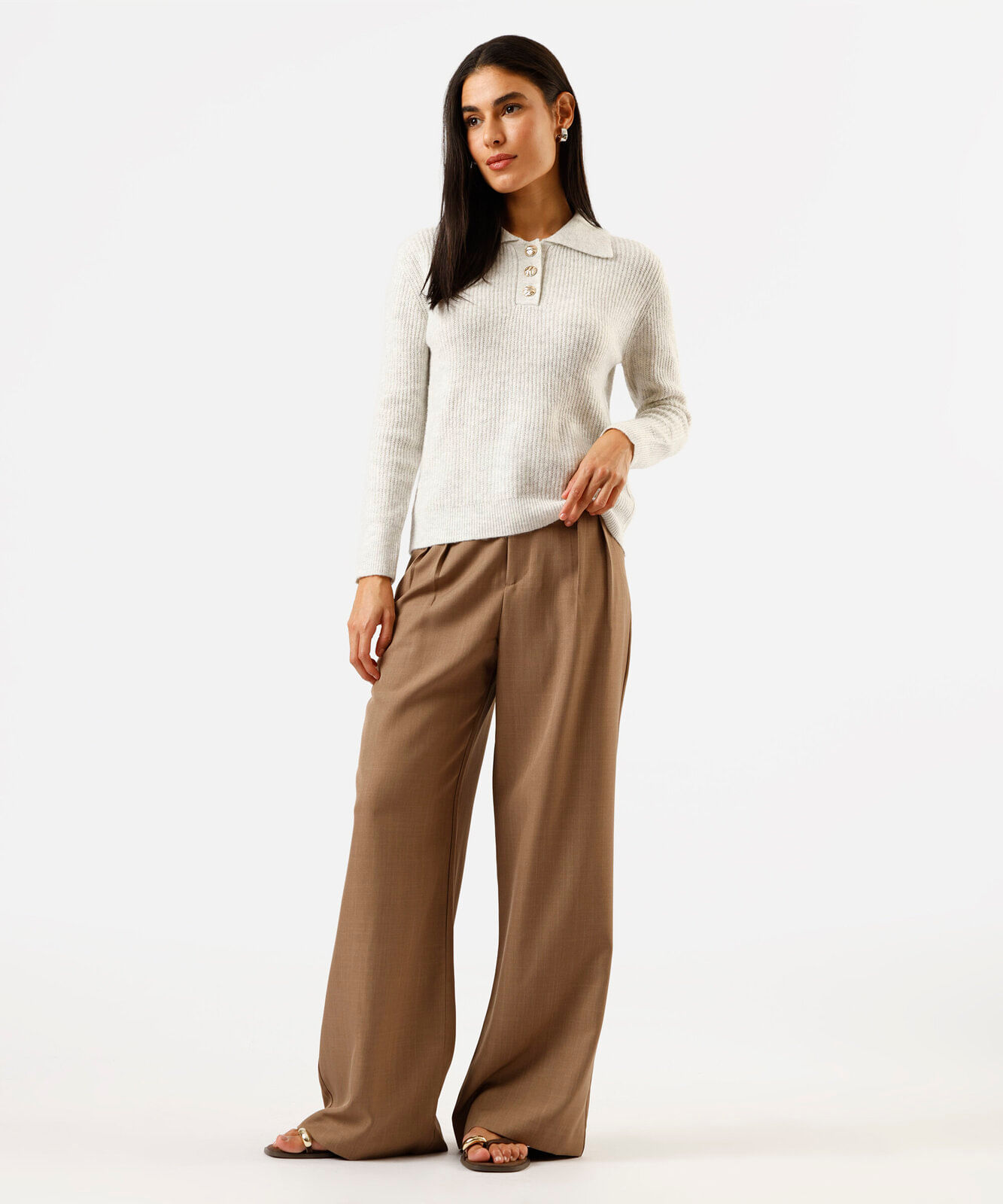 polo feminina de tricot manga longa off white