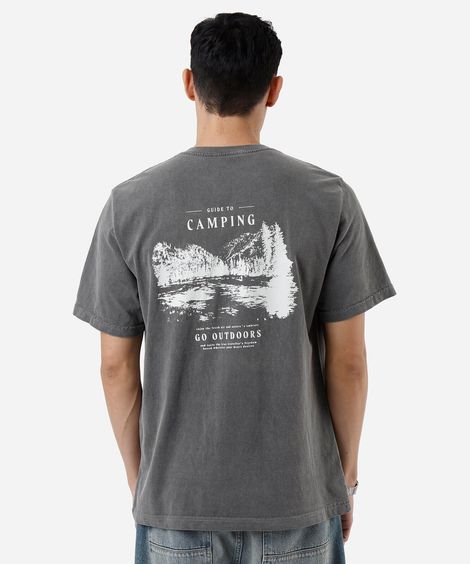 camiseta masculina de algodão estampada estonada cinza