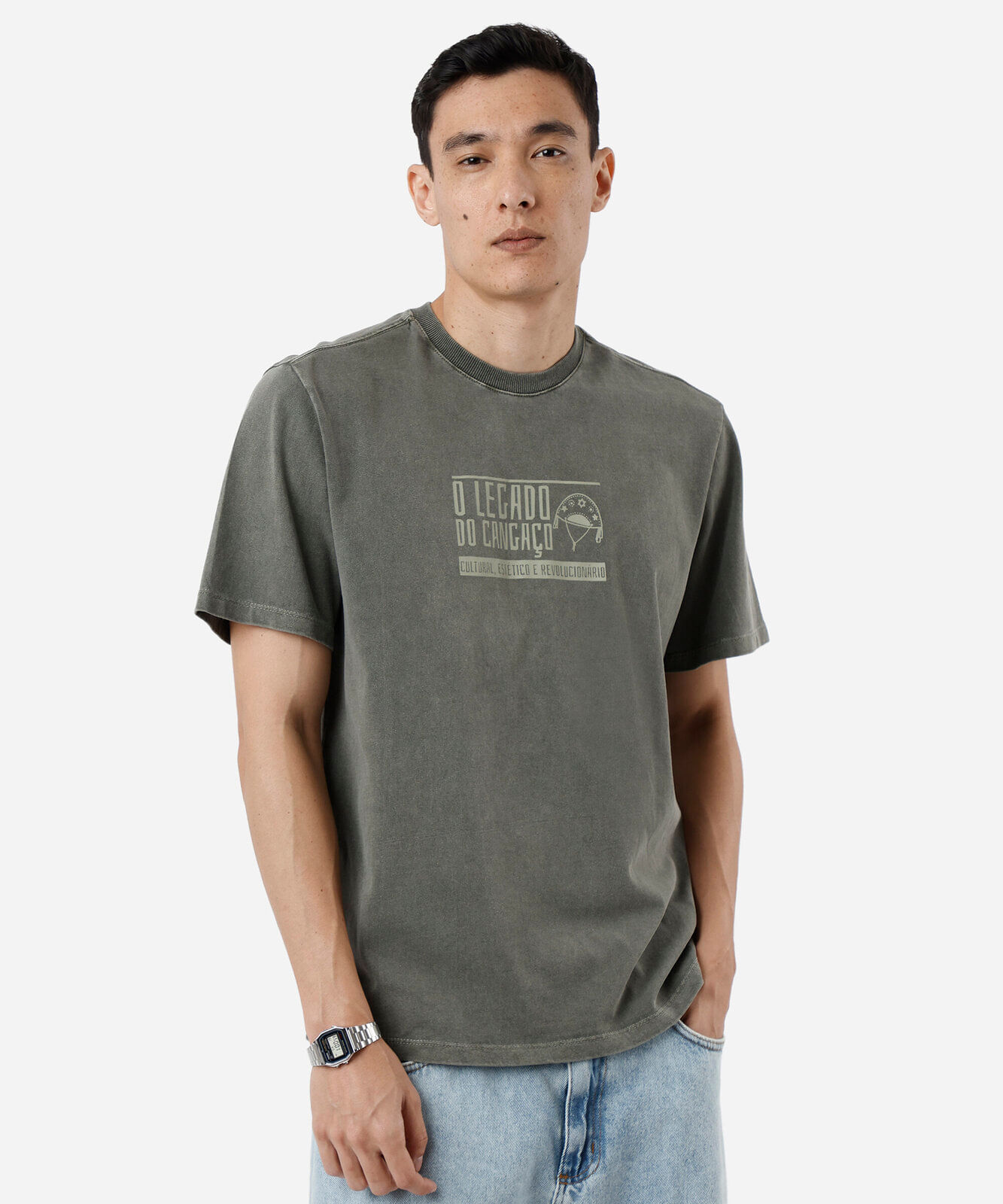 camiseta masculina de algodão manga curta estampada estonada verde