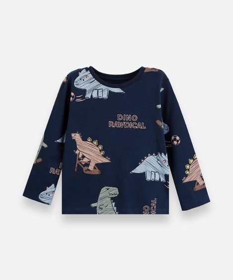 camiseta infantil de algodão manga longa dino azul