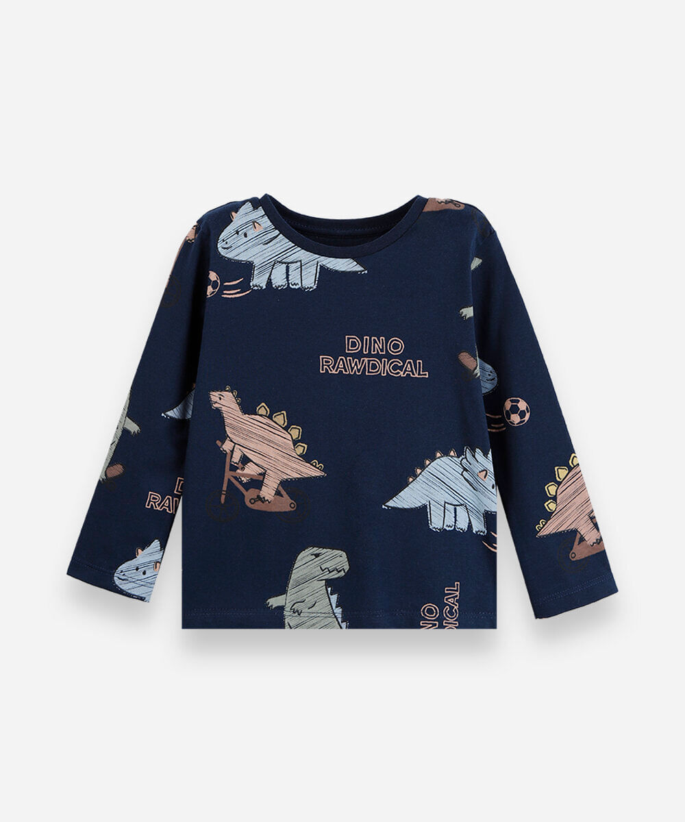camiseta infantil de algodão manga longa dino azul