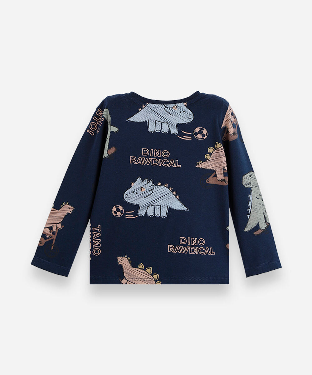 camiseta infantil de algodão manga longa dino azul
