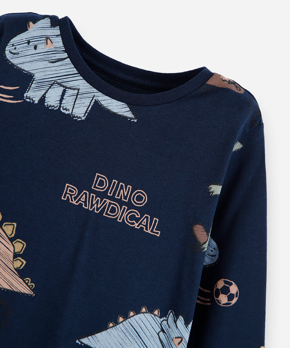 camiseta infantil de algodão manga longa dino azul