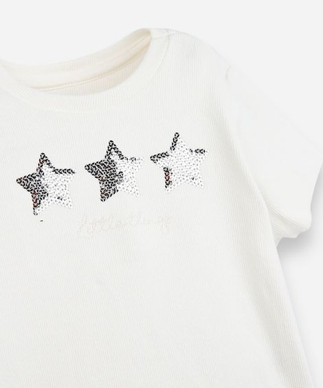 blusa infantil de algodão com paetês canelada off white
