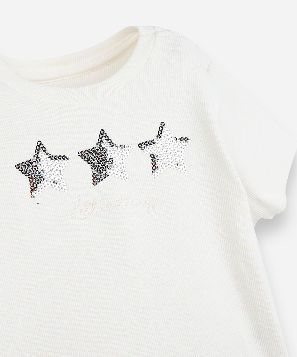 blusa infantil de algodão com paetês canelada off white