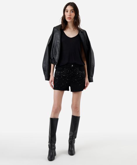 short feminino jeans com brilhos cintura alta preto