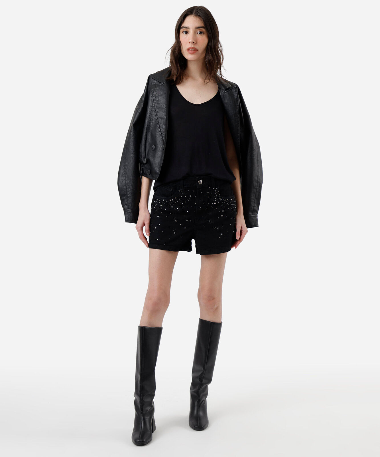 short feminino jeans com brilhos cintura alta preto
