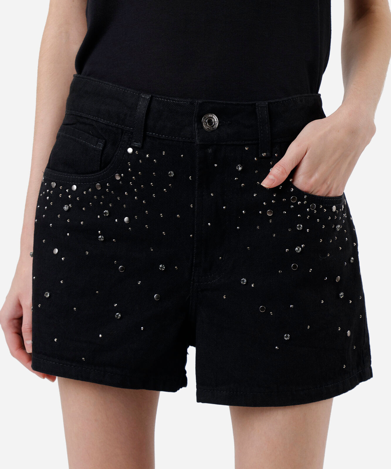 short feminino jeans com brilhos cintura alta preto