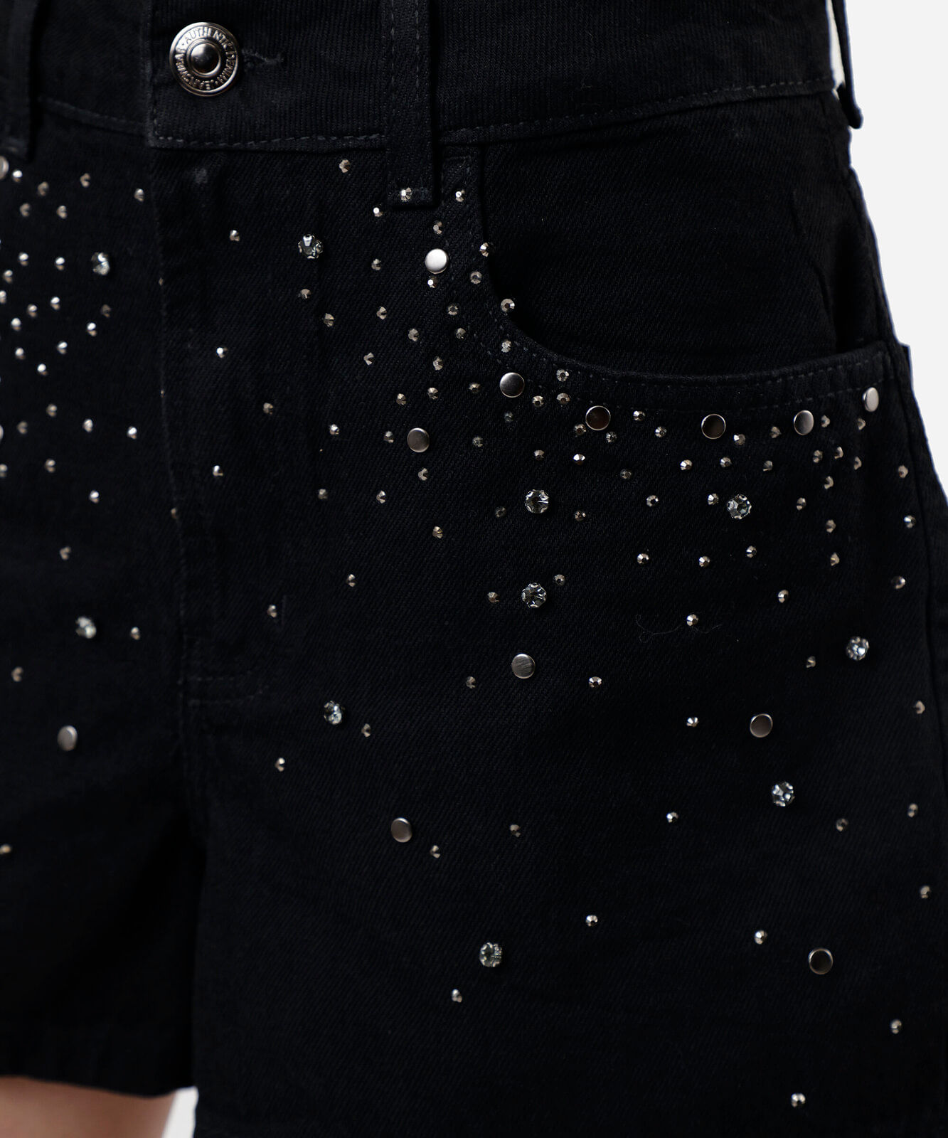 short feminino jeans com brilhos cintura alta preto