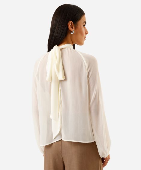 blusa feminina gola alta com amarração franzida bege