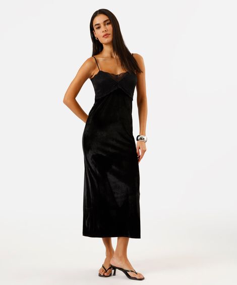 vestido midi alça fina feminino de veludo com renda preto