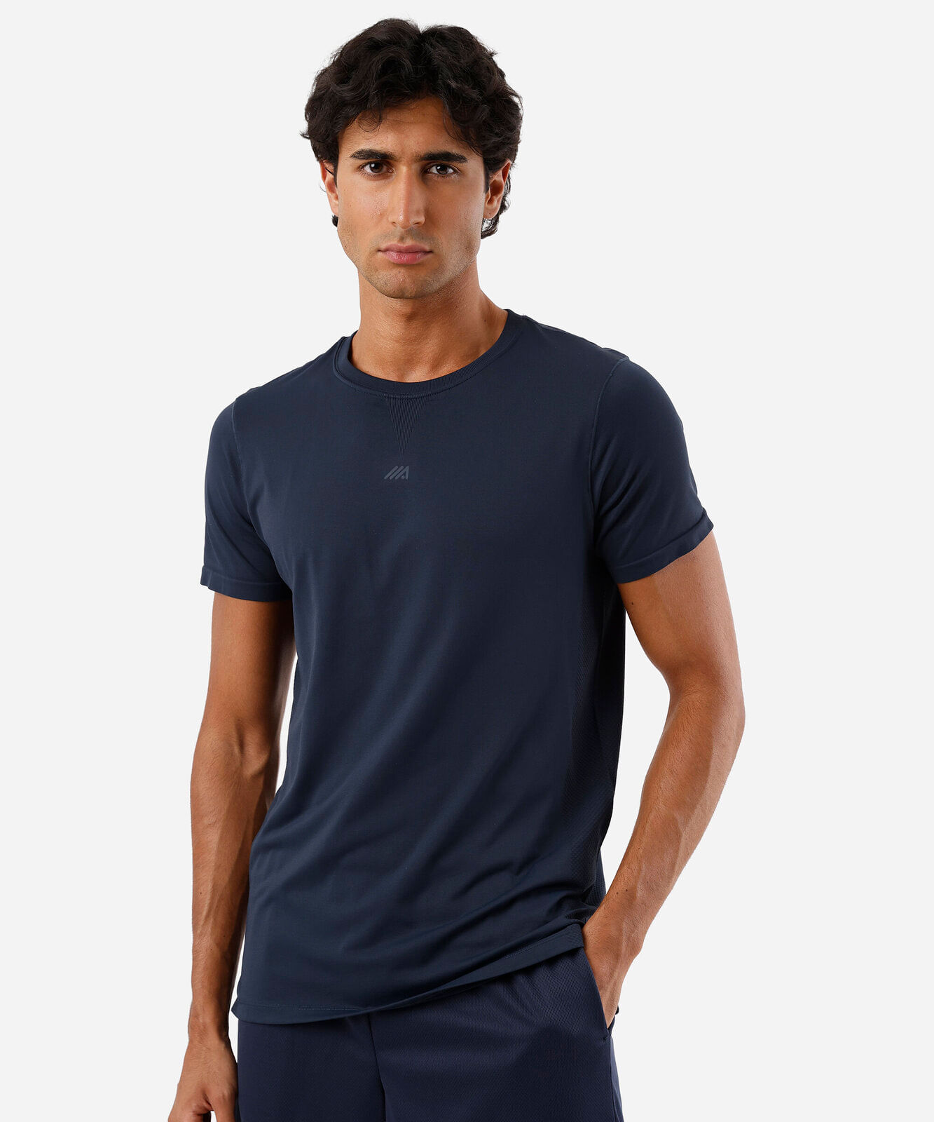 camiseta masculina de poliamida esportiva sem costura azul