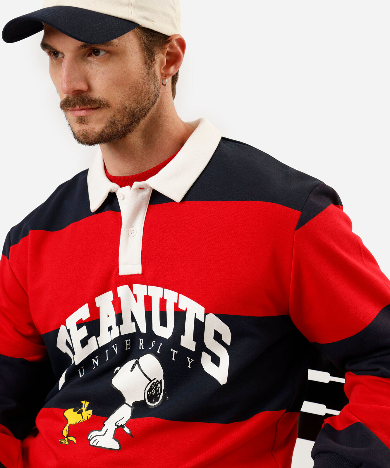 polo masculina de moletom peanuts snoopy manga longa listrada colorido