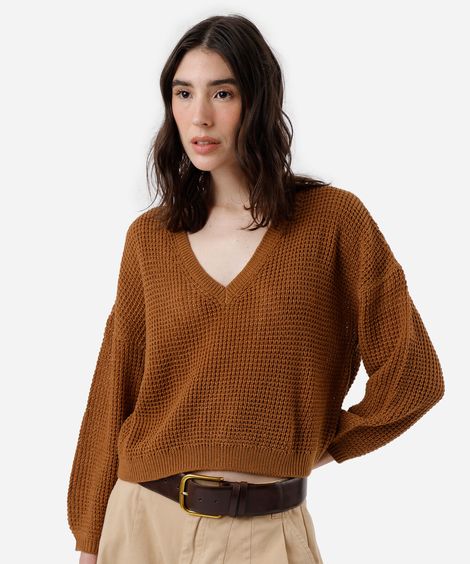 suéter feminino de tricot decote v marrom