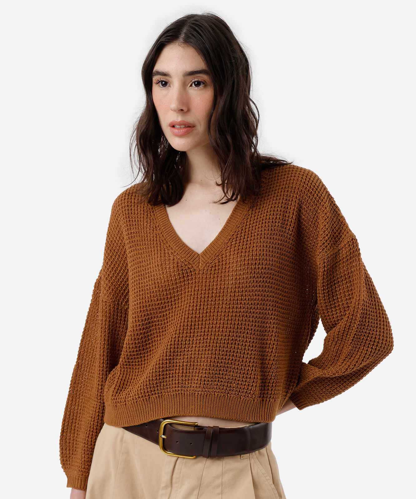 suéter feminino de tricot decote v marrom