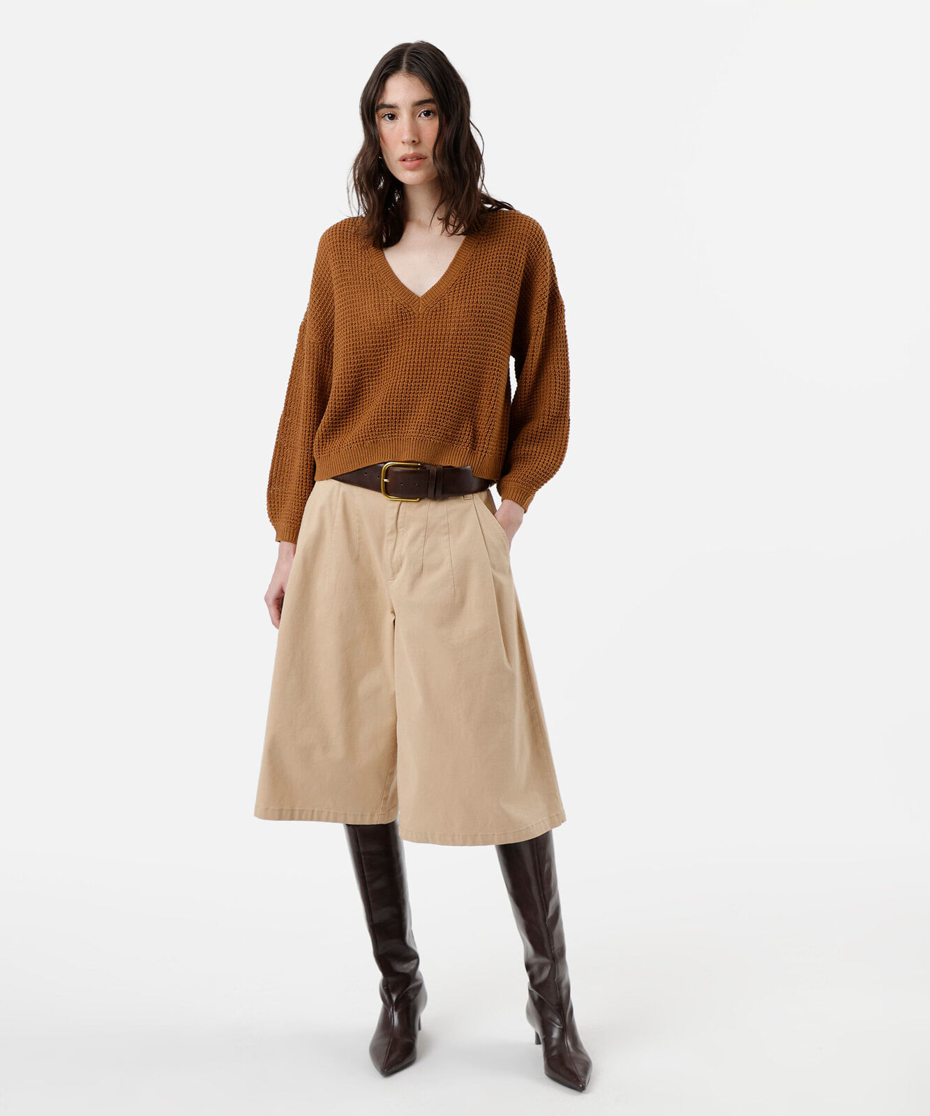 suéter feminino de tricot decote v marrom