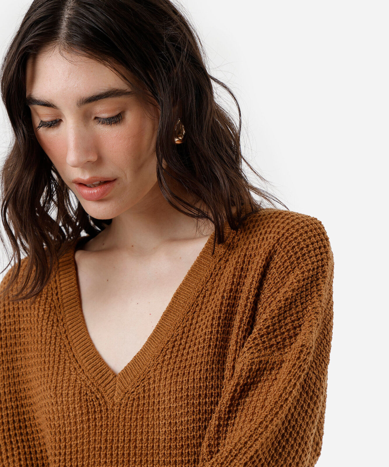 suéter feminino de tricot decote v marrom