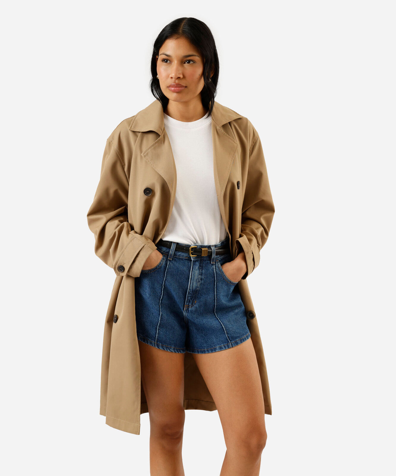 short feminino jeans com nervura cintura alta azul