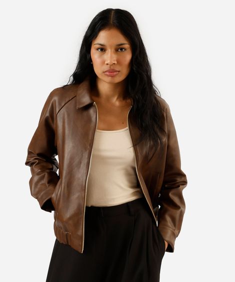 jaqueta bomber feminina de pu com bolsos marrom