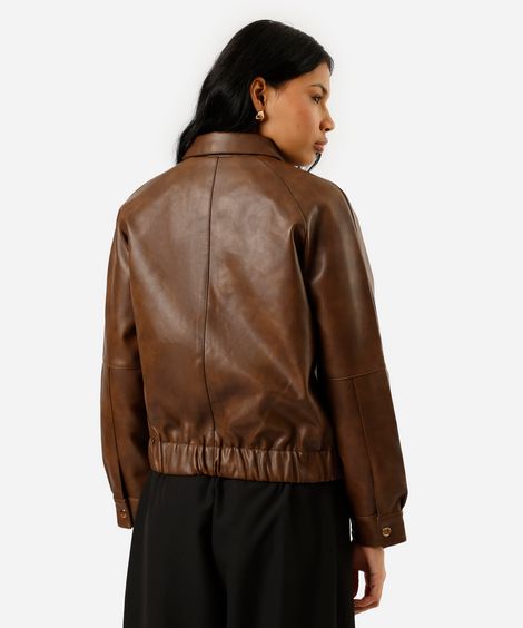 jaqueta bomber feminina de pu com bolsos marrom