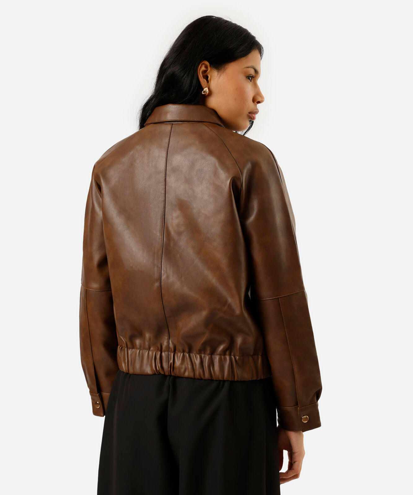 jaqueta bomber feminina de pu com bolsos marrom