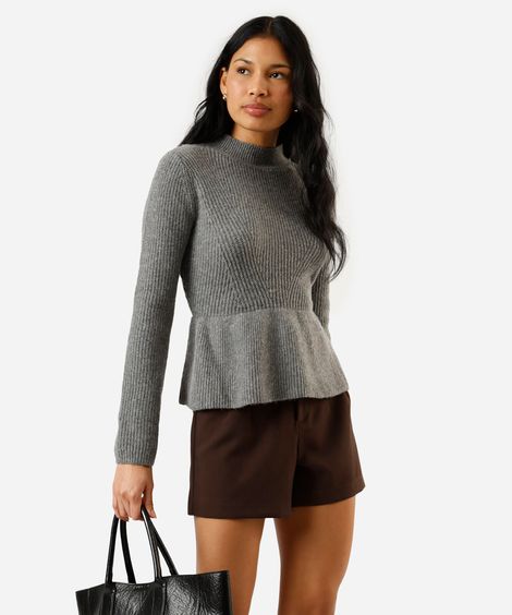 suéter peplum feminino de tricot canelado cinza