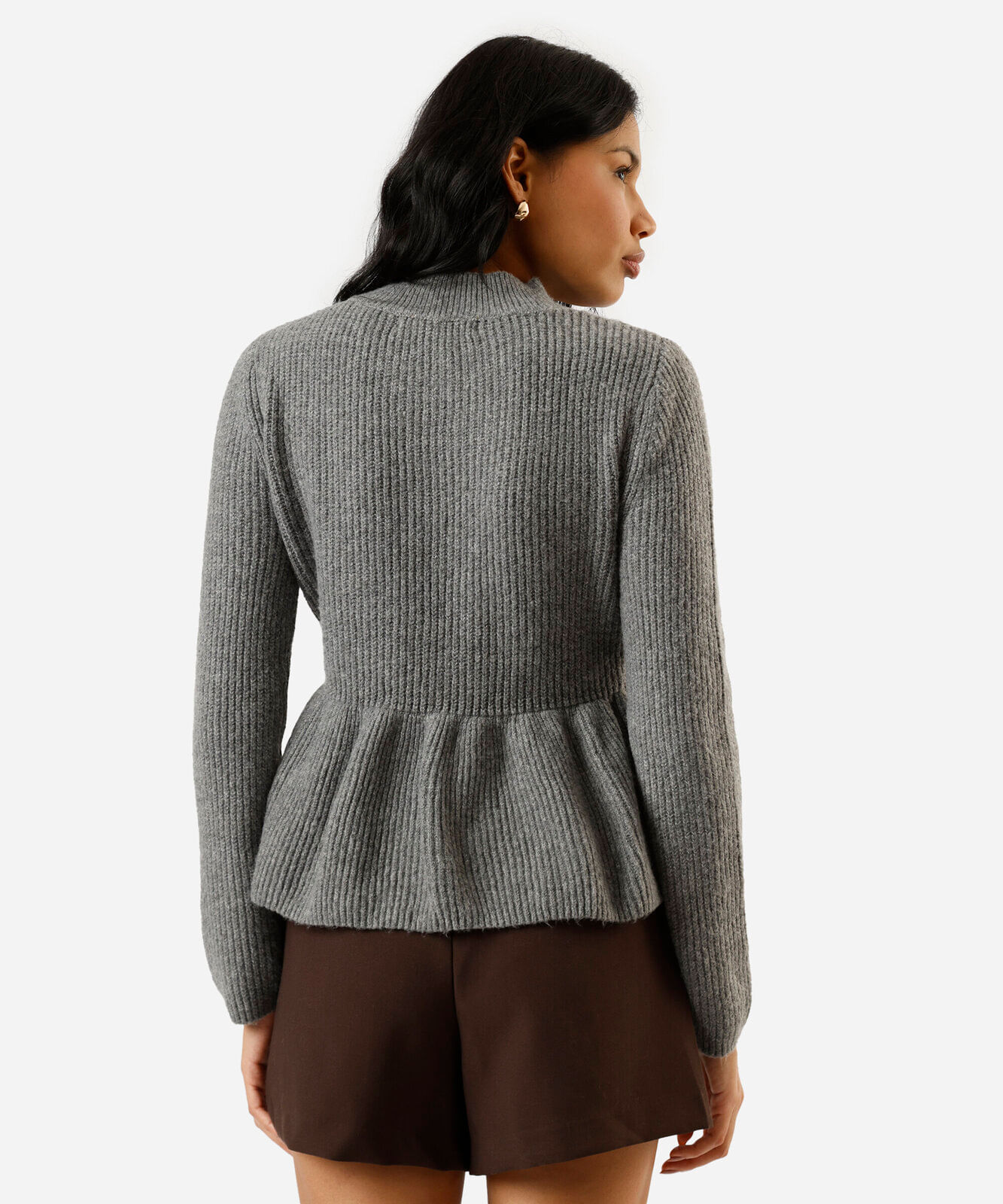 suéter peplum feminino de tricot canelado cinza